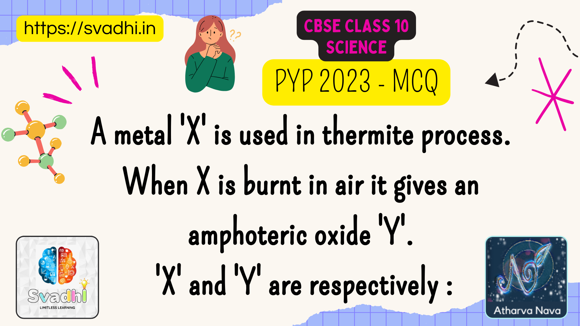 A metal ‘X’ is used in thermite process. When X is burnt in air it gives an amphoteric oxide ‘Y’. ‘X’ and ‘Y’ are respectively :