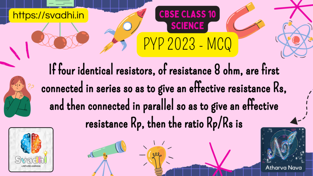 If four identical resistors, of resistance 8 ohm, are first connected in series so as to give an effective resistance Rs​, and then connected in parallel so as to give an effective resistance Rp​, then the ratio Rp/​Rs​​ is